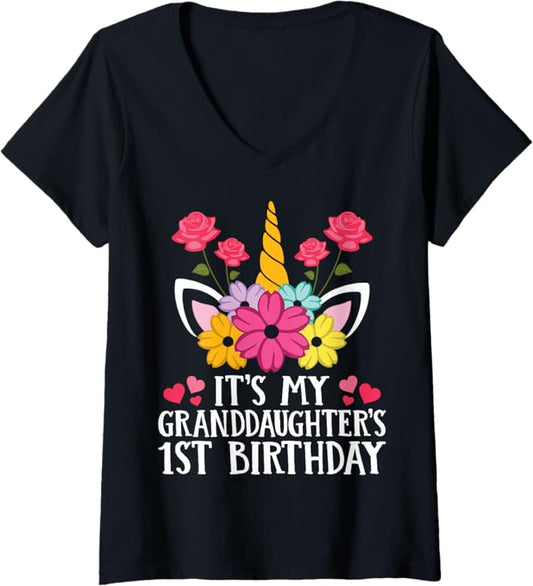 Womens It's My Granddaughter 1st Birthday Girls Party Matching V-Neck T-Shirt