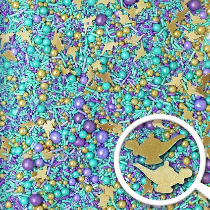 Sprinkle Pop Arabian Princess Sprinkle Mix| Aqua Lavender Purple Sprinkles with ~10 Genie Bottle Toppers and Gold Dragees| Girl Birthday Sprinkles Made in USA for Decorating Cake Cookie Cupcakes, 2oz