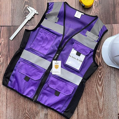 TCCFCCT Safety Vest for Women 11 Pockets Mesh Reflective Vest with Zipper, High Visibility Neon Construction Work Vest for Lady Workers/Surveyors/Drivers, Snug-Fit & Durable, ANSI Compliant, Purple M