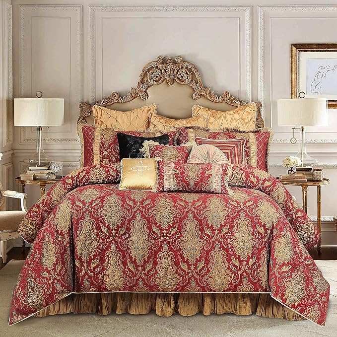 Loom and Mill 13-Piece Comforter Bed in a Bag, Classic Damask Jacquard Comforter Sets King, Luxury Bedding Set with Bed Skirt, Euro Shams and Decorative Pillows, All Season(Florence, King) Red