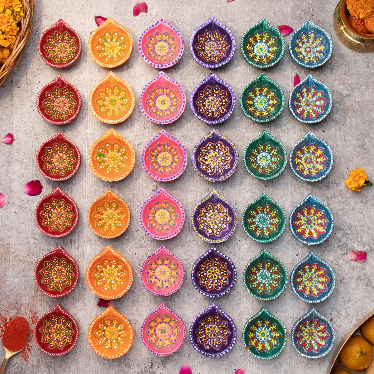 Pack of 12 Clay Diyas with Cotton Wicks, Diwali Decorations for Home, Mitti Diyas for Pooja, Indian Pooja Decor for Mandir, Diwali Gift, Earthen Lamp for Navratri Dussehra, Party Favors( 2 yellow-2Purple-2Pink-2Orange-2Green-2Blue )