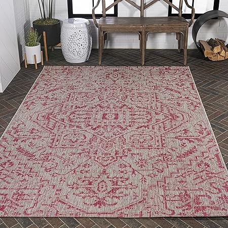 Eyely BMS105F-3 Santa Monica Estrella Bohemian Medallion Textured Weave IndoorOutdoor Area Rug Vintage, Bedroom, Backyard, Patio, Easy-Cleaning, Non-Shedding, 3 X 5, Light GrayFuchsia