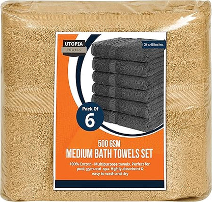 Utopia Towels 6 Pack Small Bath Towel Set, 24 by 48 Inches, 500 GSM 100 Ring Spun Cotton, Lightweight and Highly Absorbent Quick Drying Premium Towels for Hotel, Spa and Bathroom, Beige