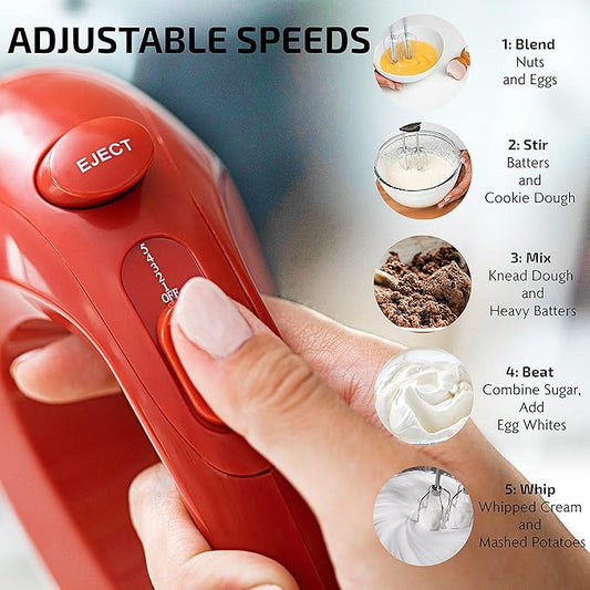 OVENTE 5-Speed Electric Hand Mixer with Stainless Steel Mixing Whisk, Snap-On Storage Case, Portable  Lightweight 150W Motor, Compact Handheld Mixer for Baking, Blending or Cooking, Red HM151R