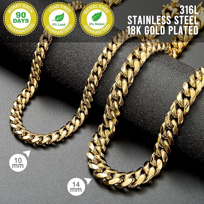 Cuban Link Chain Necklace or Bracelet for Men 10MM14MM 18K Gold Stainless Steel Hip Hop Miami Curb Chains 8.5-30 inch