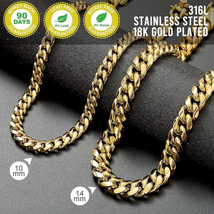 Cuban Link Chain Necklace or Bracelet for Men 10MM14MM 18K Gold Stainless Steel Hip Hop Miami Curb Chains 8.5-30 inch
