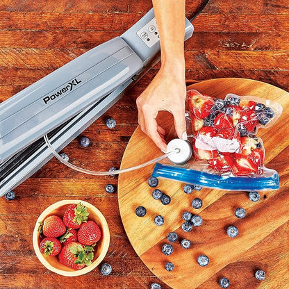 PowerXL Duo NutriSealer Food Vacuum Sealer Machine with Vacuum Seal Bags  Rolls, Double Airtight Sealing with Built-in Cutter, Small Snack Bag Capability, Safety Certified, Lab Tested, LED Indicator Lights, 11 inch (Slate)