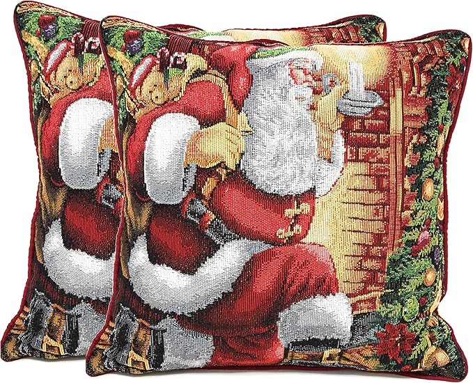Tache Christmas Festive Winter Holiday Santa Down The Chimney Decorative Woven Tapestry Cushion Throw Pillow Cover Set, 2 Piece 16 x 16 Inches