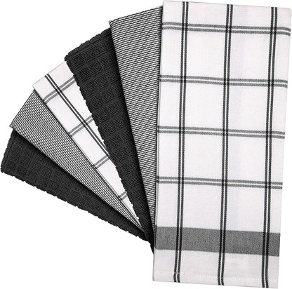 Premium Kitchen Towels (20x 28, 6 Pack)  Large Cotton Hand Towels  Flat  Terry Dish Towels  Highly Absorbent Tea Towels Set with Hanging Loop  Black Check