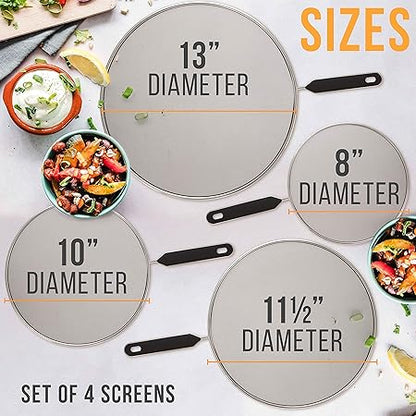 U.S. Kitchen Supply Set of 4 Classic Splatter Screens, 13", 11.5", 10", and 8" - Stainless Steel Fine Mesh, Comfort Grip Handles - Use on Boiling Pots Frying Pans - Grease Oil Guard, Safe Cooking Lid