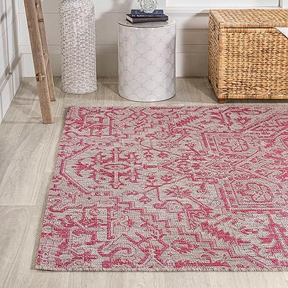 Eyely BMS105F-3 Santa Monica Estrella Bohemian Medallion Textured Weave IndoorOutdoor Area Rug Vintage, Bedroom, Backyard, Patio, Easy-Cleaning, Non-Shedding, 3 X 5, Light GrayFuchsia