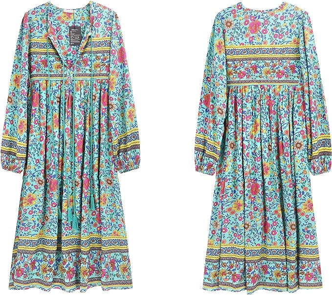 R.Vivimos Women's Long Sleeve Floral Print Retro V Neck Tassel Bohemian Midi Dresses