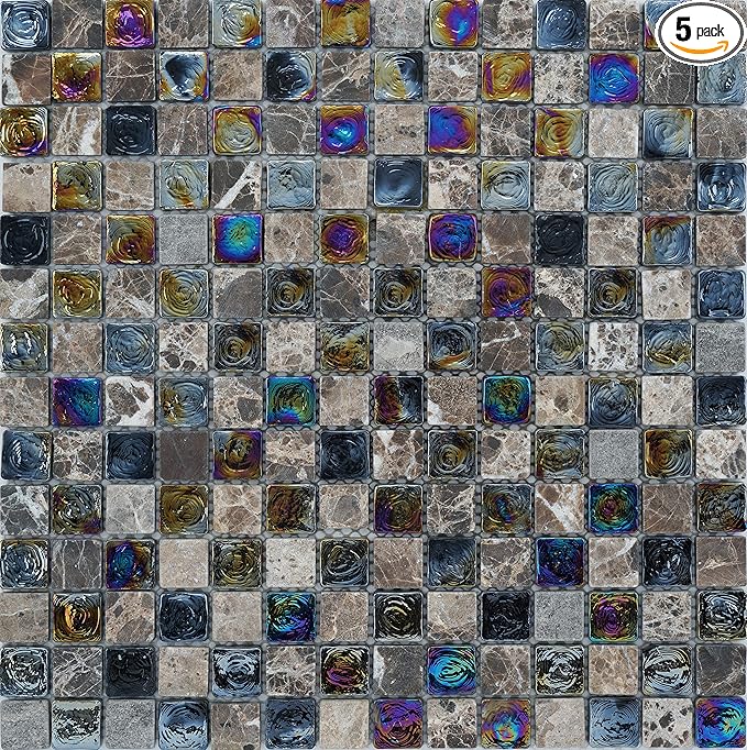 Glass and Stone Mosaic Tile for Kitchen Backsplash, Bathroom Shower Wall, Etc, Mini Teseo Collection, Mixed Squares, 12"X12"X516 (GM 6204 - Topaz, Set of 5 Sheets)