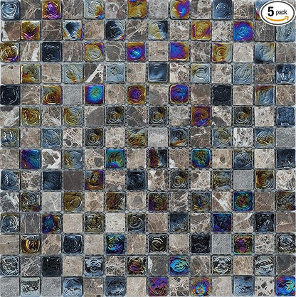 Glass and Stone Mosaic Tile for Kitchen Backsplash, Bathroom Shower Wall, Etc, Mini Teseo Collection, Mixed Squares, 12"X12"X516 (GM 6204 - Topaz, Set of 5 Sheets)
