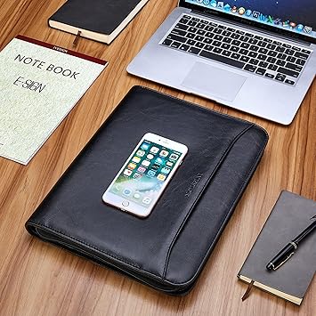 IVESIGN Zippered Padfolio Binder, Faux Leather Organizer with 3-Ring Binder, Left-Handed Design, Business Card Slots  Document Folders - Professional Padfolio for Office (Black)