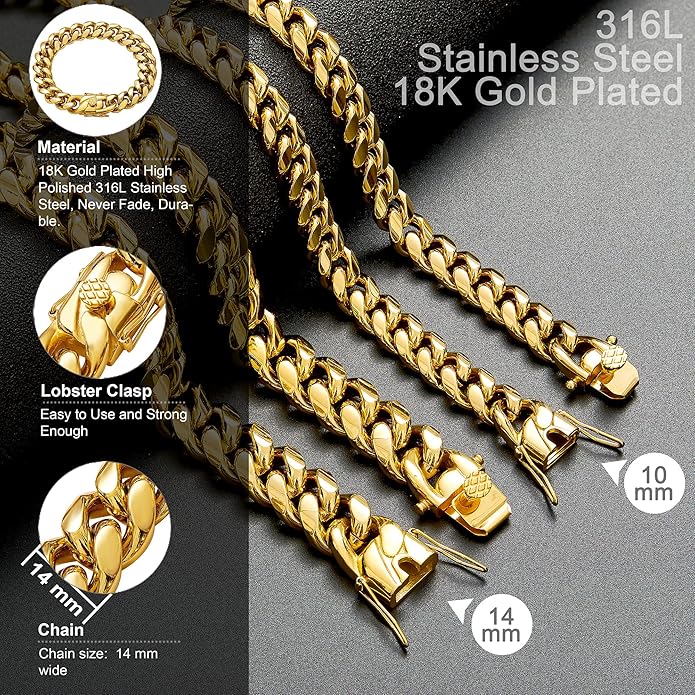 Cuban Link Chain Necklace or Bracelet for Men 10MM14MM 18K Gold Stainless Steel Hip Hop Miami Curb Chains 8.5-30 inch