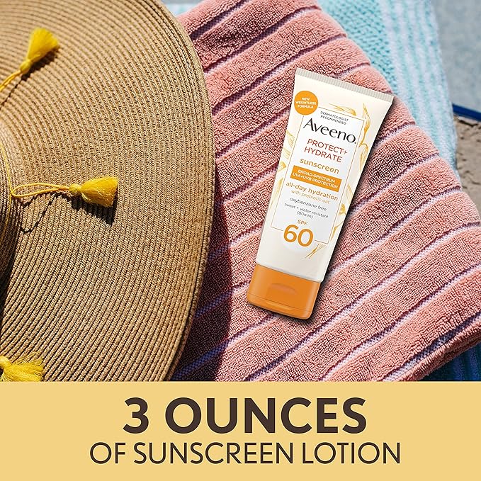 Aveeno Protect  Hydrate Moisturizing Body Sunscreen Lotion with Broad Spectrum SPF 60  Prebiotic Oat, Weightless  Refreshing Feel, Paraben-Free, Oil-Free, Oxybenzone-Free, 3.0 fl. oz
