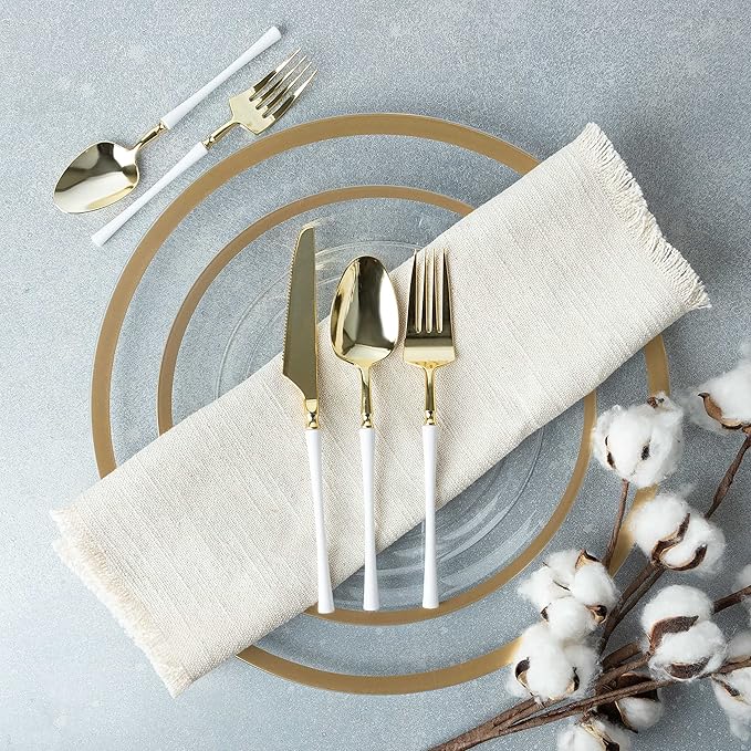 PlasticPro 20 Count Gold and White Plastic Soup Spoons Premium Quality Heavy Duty Disposable Elegant Silverware Two Tone Soup Spoons for Party