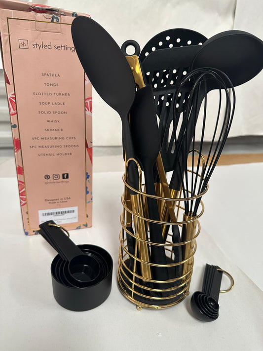 Styled Settings Black and Gold Kitchen Utensils Set - 18 Piece Nonstick BPA Free Silicone Cooking Tools with Measuring Cups - Luxury Kitchen Accessories for Stylish Cooking and Baking