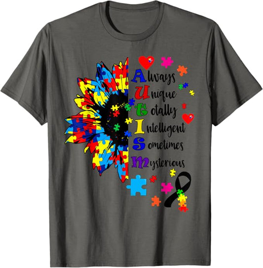 Autism Awareness Typography Sunflower Blue Puzzle Month T-Shirt