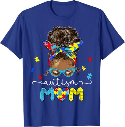 AUTISM MOM Afro Messy Bun Autism Awareness Black Women T-Shirt