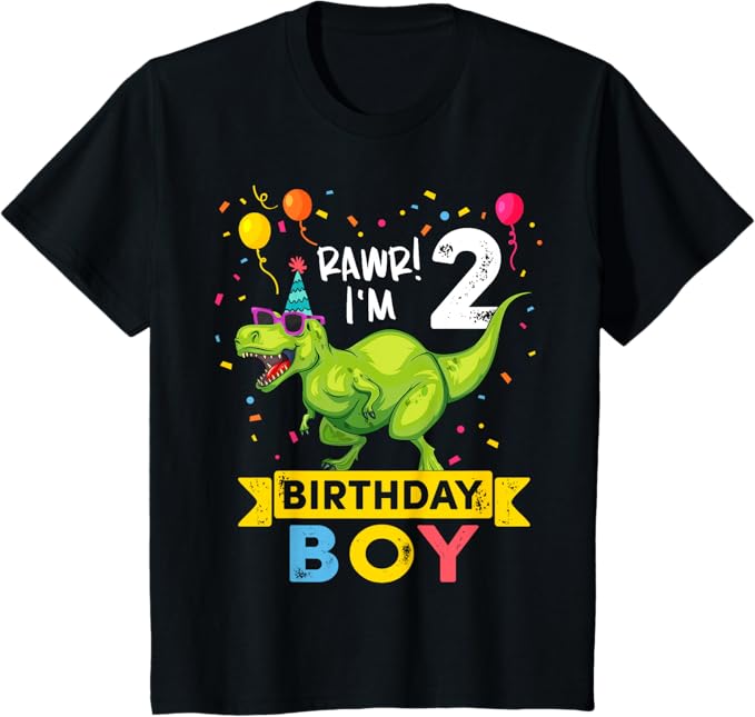 Kids 2 Year Old Shirt 2nd Birthday Boy T Rex Dinosaur T-Shirt