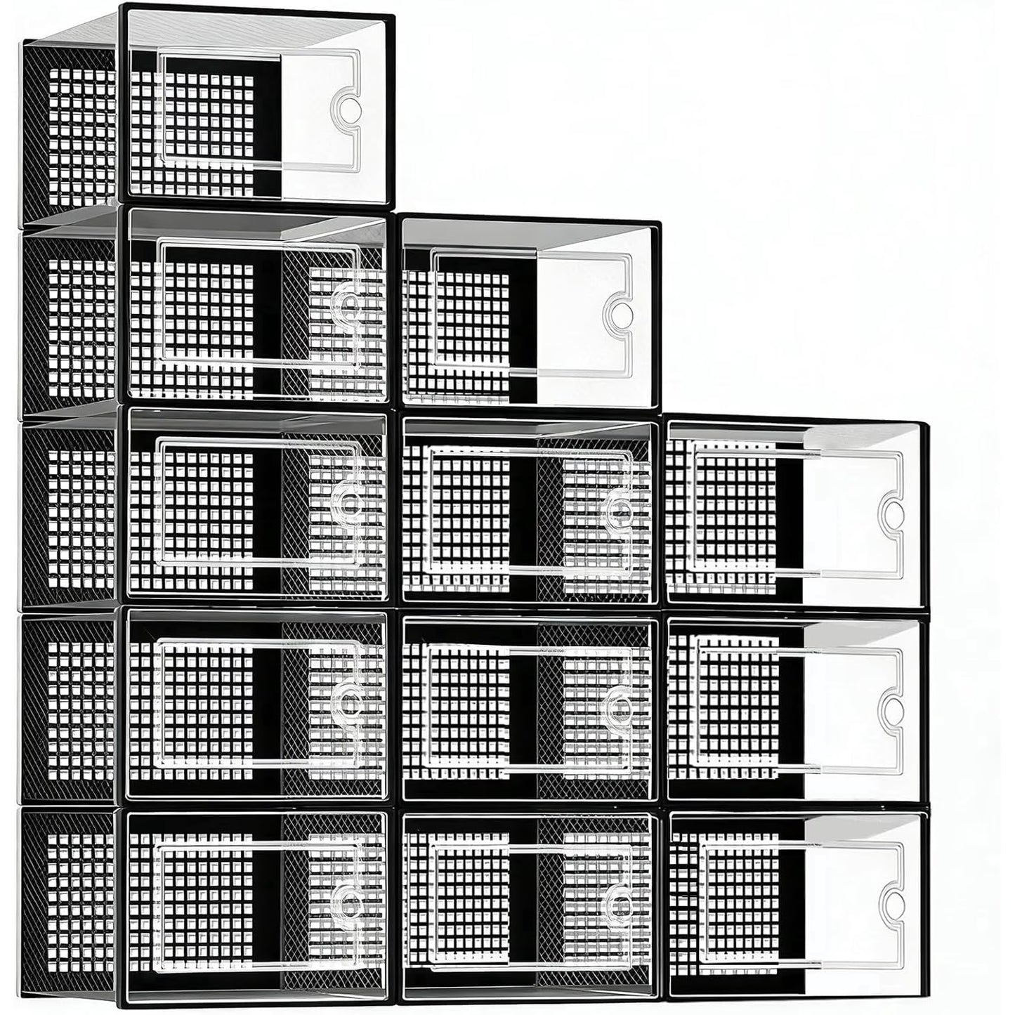 12 Pack Shoe Storage Bins, Clear Plastic Stackable Shoe Organizer for Closet, Space Saving Foldable Shoe Rack, Shoe Box Sneaker Holder Container, Black Frame