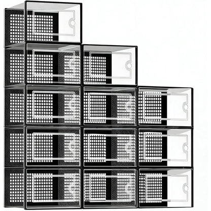 12 Pack Shoe Storage Bins, Clear Plastic Stackable Shoe Organizer for Closet, Space Saving Foldable Shoe Rack, Shoe Box Sneaker Holder Container, Black Frame