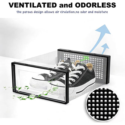 12 Pack Shoe Storage Bins, Clear Plastic Stackable Shoe Organizer for Closet, Space Saving Foldable Shoe Rack, Shoe Box Sneaker Holder Container, Black Frame