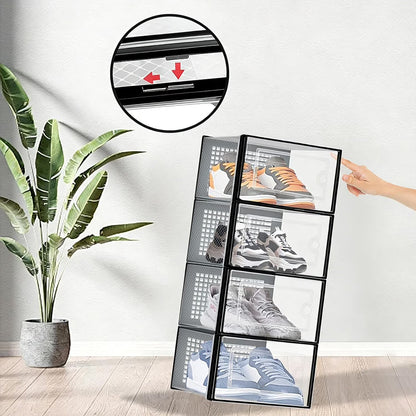 12 Pack Shoe Storage Bins, Clear Plastic Stackable Shoe Organizer for Closet, Space Saving Foldable Shoe Rack, Shoe Box Sneaker Holder Container, Black Frame