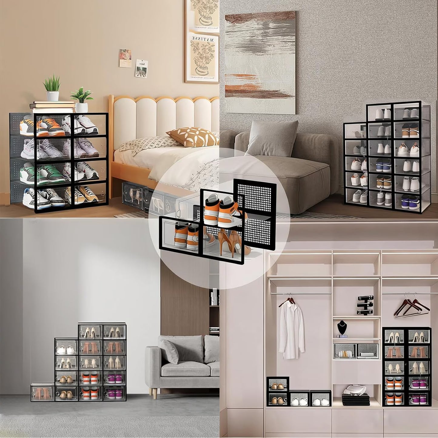 12 Pack Shoe Storage Bins, Clear Plastic Stackable Shoe Organizer for Closet, Space Saving Foldable Shoe Rack, Shoe Box Sneaker Holder Container, Black Frame