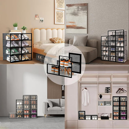 12 Pack Shoe Storage Bins, Clear Plastic Stackable Shoe Organizer for Closet, Space Saving Foldable Shoe Rack, Shoe Box Sneaker Holder Container, Black Frame