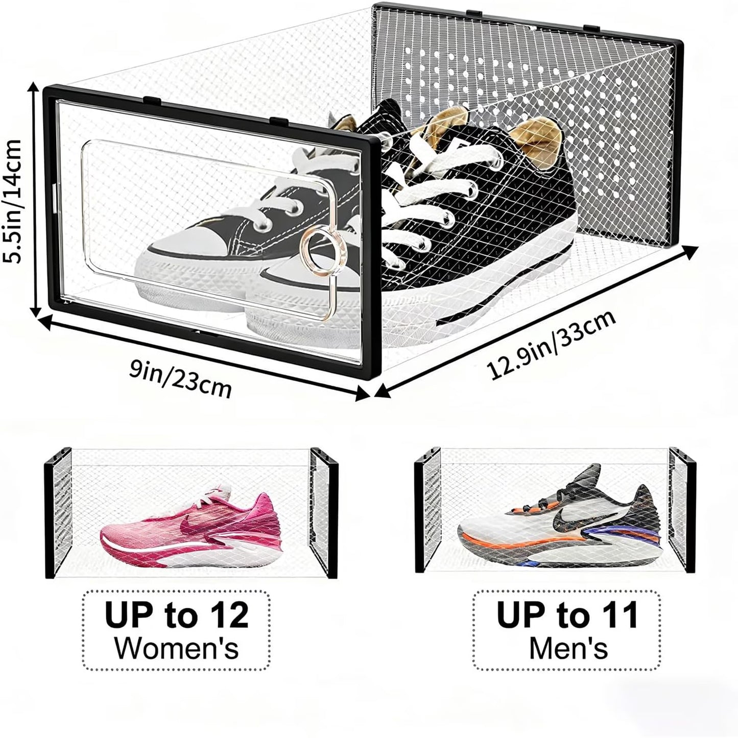 12 Pack Shoe Storage Bins, Clear Plastic Stackable Shoe Organizer for Closet, Space Saving Foldable Shoe Rack, Shoe Box Sneaker Holder Container, Black Frame