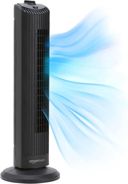 Basics 28" 60-Degree Oscillating Tower Fan with Powerful Airflow for Bedroom, Living Room, Office, 3 Speeds, Mechanical Control, Air Circulator, 35W, 27.8"H x 9.4"D x 9.4"W, Black