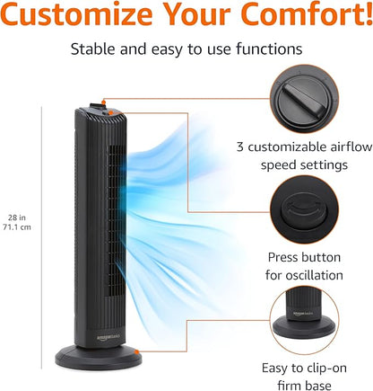 Basics 28" 60-Degree Oscillating Tower Fan with Powerful Airflow for Bedroom, Living Room, Office, 3 Speeds, Mechanical Control, Air Circulator, 35W, 27.8"H x 9.4"D x 9.4"W, Black