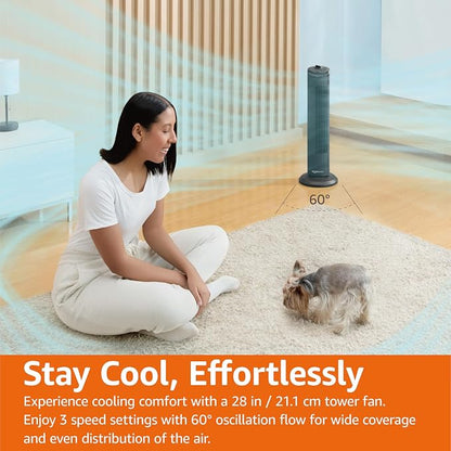 Basics 28" 60-Degree Oscillating Tower Fan with Powerful Airflow for Bedroom, Living Room, Office, 3 Speeds, Mechanical Control, Air Circulator, 35W, 27.8"H x 9.4"D x 9.4"W, Black