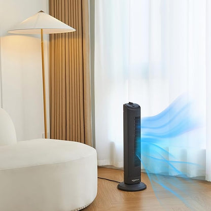 Basics 28" 60-Degree Oscillating Tower Fan with Powerful Airflow for Bedroom, Living Room, Office, 3 Speeds, Mechanical Control, Air Circulator, 35W, 27.8"H x 9.4"D x 9.4"W, Black