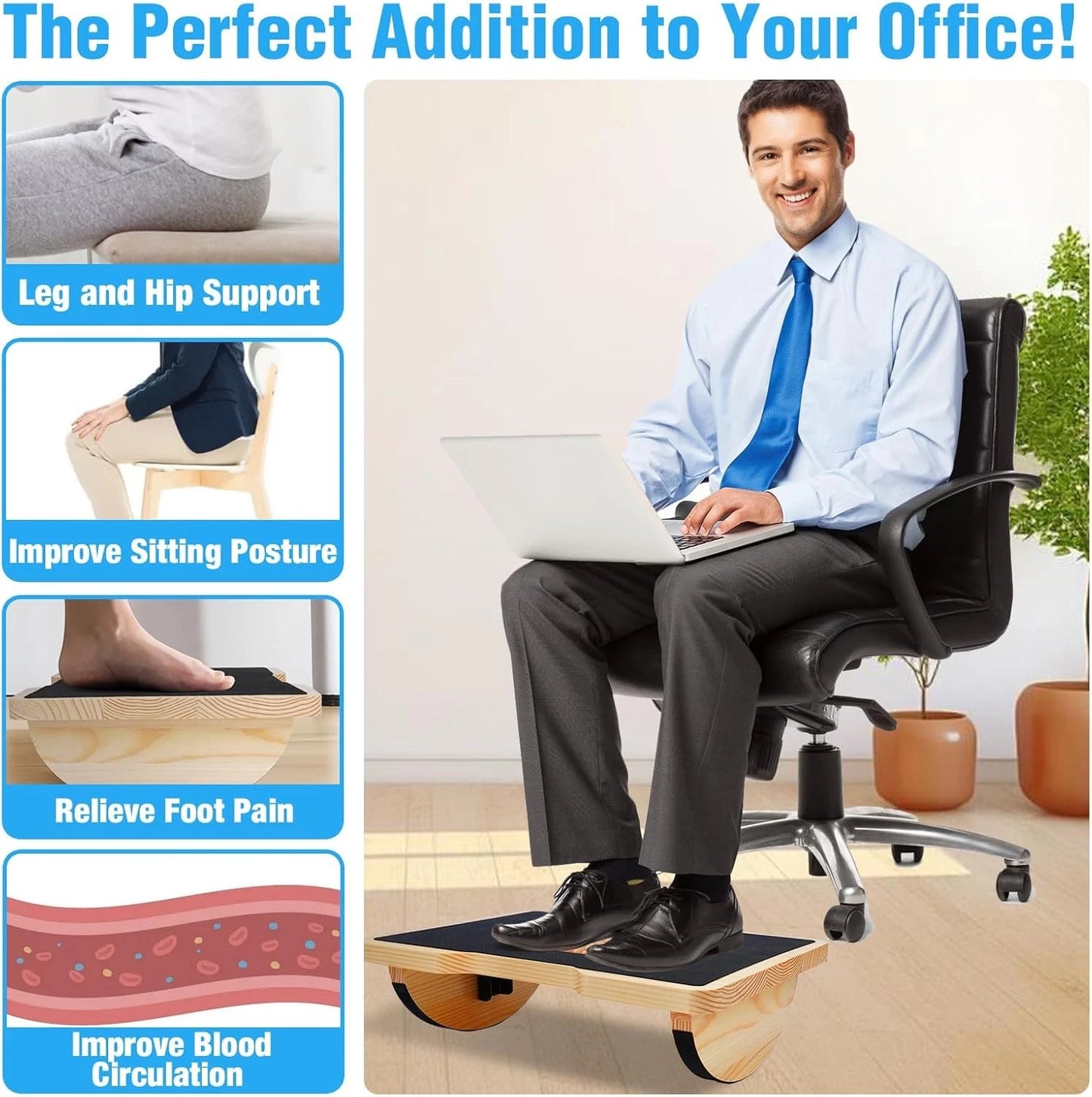 Wood Foot Rest for Under Desk at Work, Ergonomic Foldable Foot Stools with Roller Massager for Enhanced Circulation & Comfort, Standing Desk Balance Board - for Office & Home
