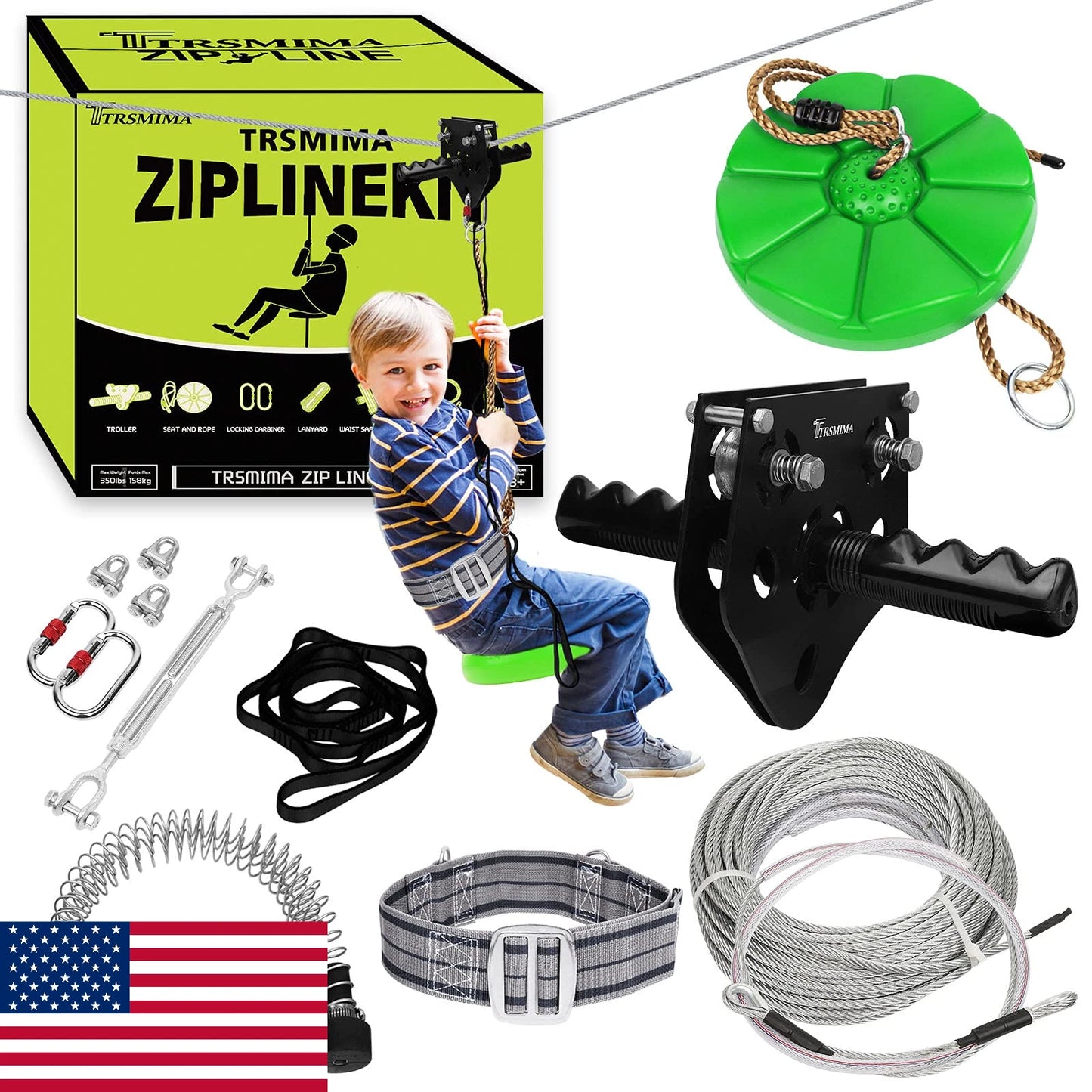 TT TRSMIMA Zip Line Kit 100/120/150/180ft for Kids & Adults - Up to 380 lbs