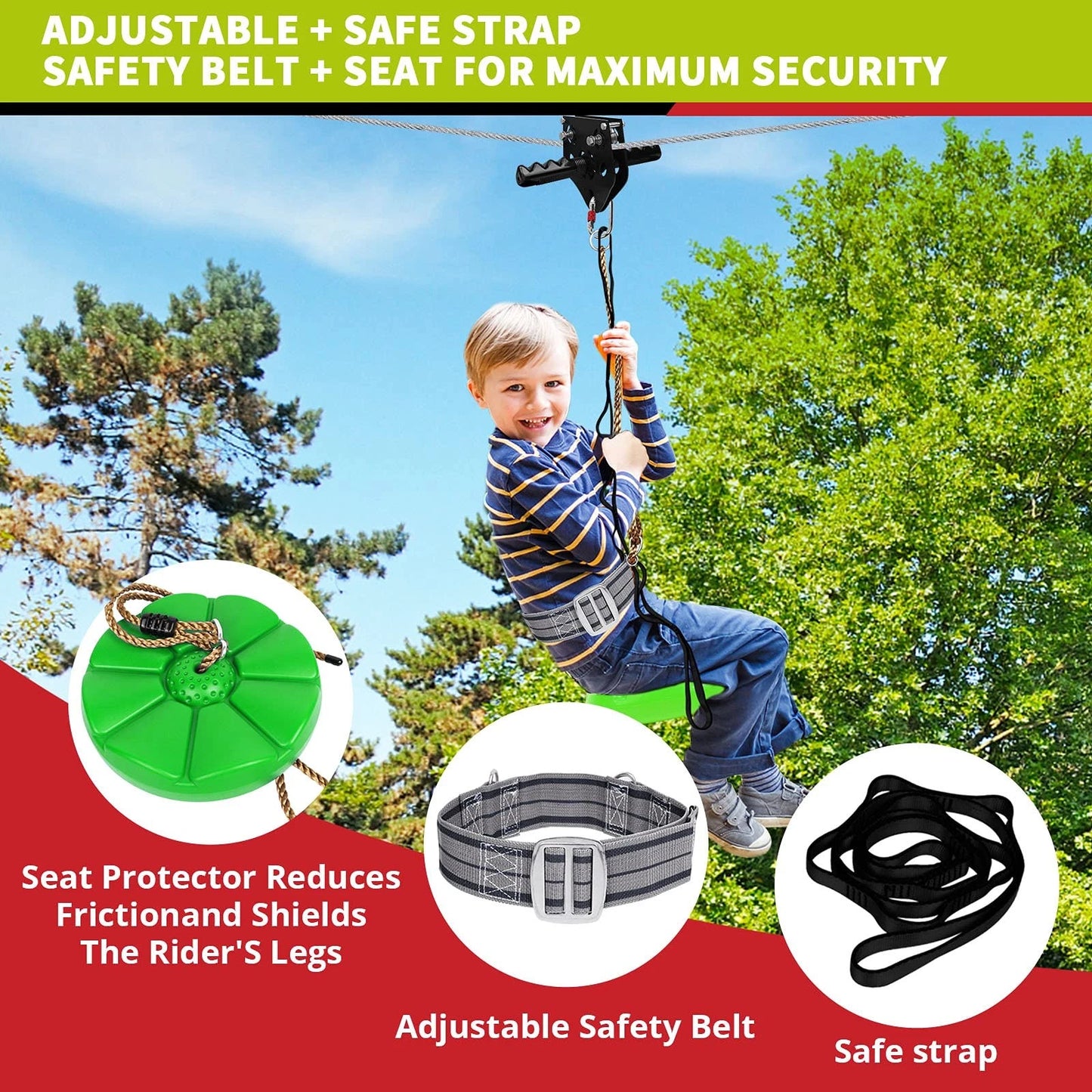 TT TRSMIMA Zip Line Kit 100/120/150/180ft for Kids & Adults - Up to 380 lbs
