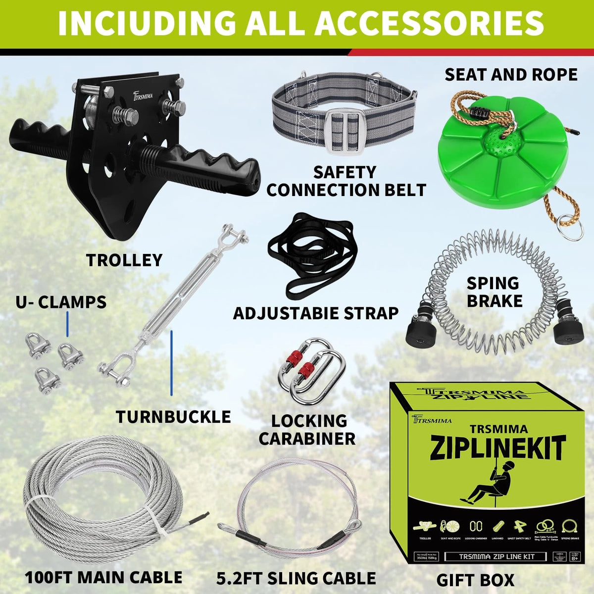 TT TRSMIMA Zip Line Kit 100/120/150/180ft for Kids & Adults - Up to 380 lbs