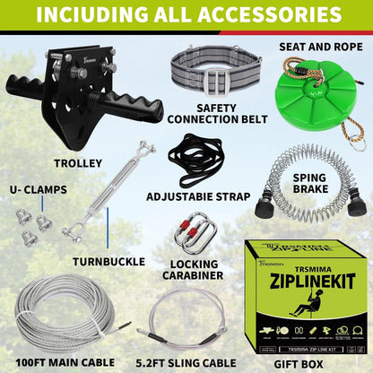 TT TRSMIMA Zip Line Kit 100/120/150/180ft for Kids & Adults - Up to 380 lbs