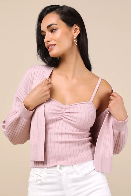 Dusty Rose Sweater Set- Cami Top And Cardigan Set
