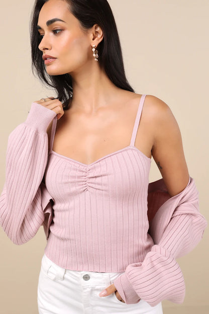 Dusty Rose Sweater Set- Cami Top And Cardigan Set