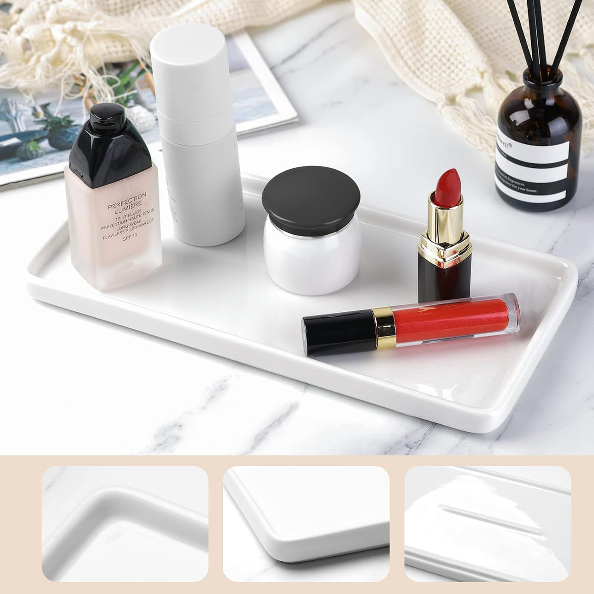 Gurygo 12" Ceramic Vanity Sink Tray for Bathroom Counter - Large Rectangle Kitchen Soap Tray - Ceramic Trays for Kitchen Counter, White
