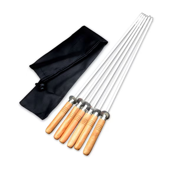 Wakauto Stainless Steel Bbq Skewers with Comfortable Wooden Handle Reusable Grilling Sticks for Outdoor Cooking for Kabobs and Campfire Roasting