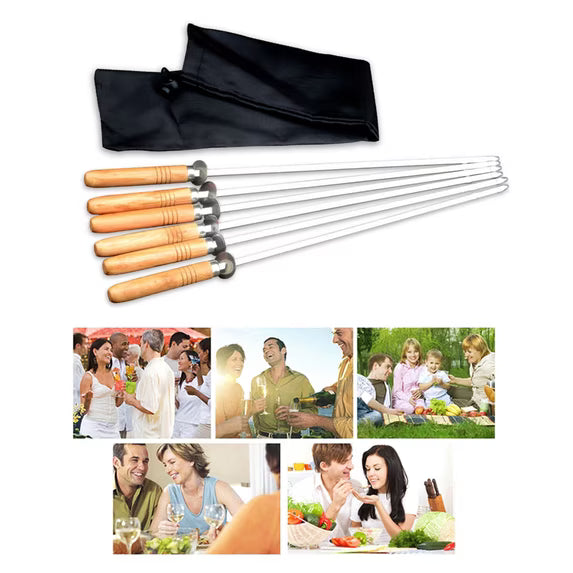 Wakauto Stainless Steel Bbq Skewers with Comfortable Wooden Handle Reusable Grilling Sticks for Outdoor Cooking for Kabobs and Campfire Roasting