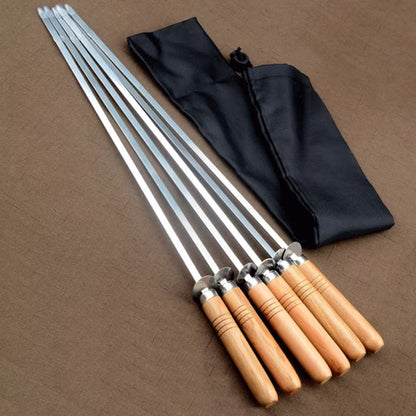 Wakauto Stainless Steel Bbq Skewers with Comfortable Wooden Handle Reusable Grilling Sticks for Outdoor Cooking for Kabobs and Campfire Roasting