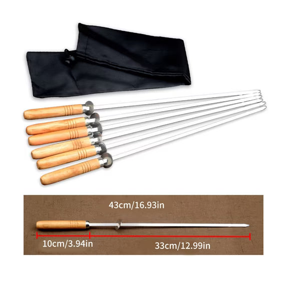 Wakauto Stainless Steel Bbq Skewers with Comfortable Wooden Handle Reusable Grilling Sticks for Outdoor Cooking for Kabobs and Campfire Roasting