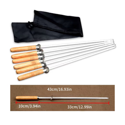 Wakauto Stainless Steel Bbq Skewers with Comfortable Wooden Handle Reusable Grilling Sticks for Outdoor Cooking for Kabobs and Campfire Roasting